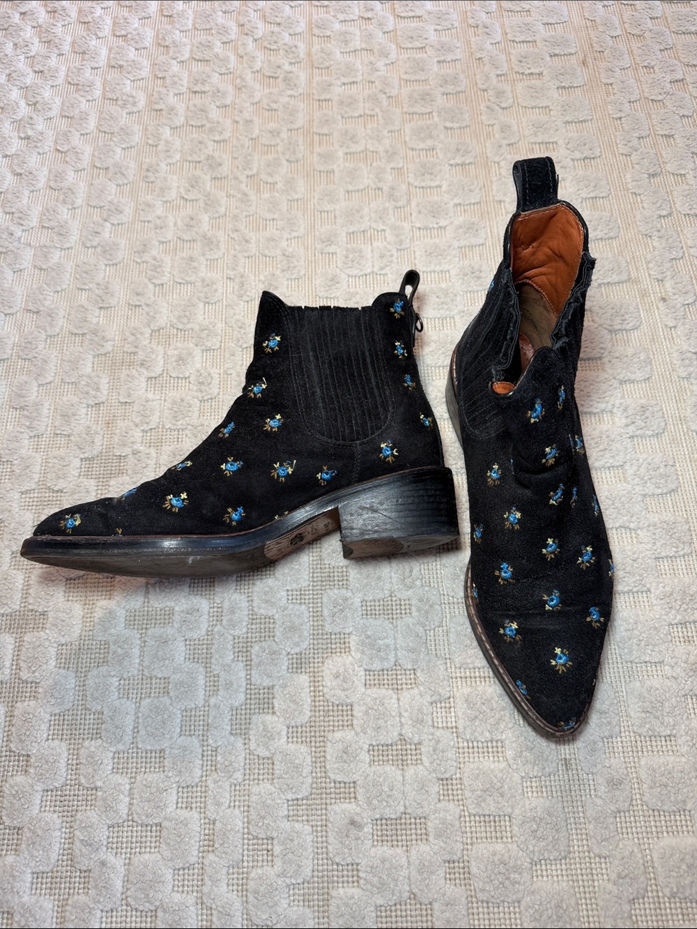Coach Black Suede Embroidered Chelsea Booties with Blue Floral Accents - Picture 2 of 7